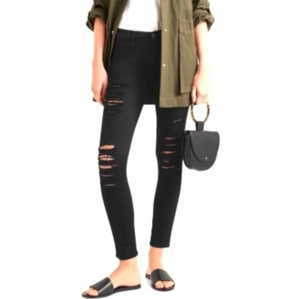 Frame Jet Black Denim Le Skinny de Jeanne Distressed Jean Mid-Rise Raw Hem 27